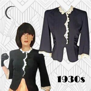 30s Vintage Black Blouse Romantic Lace & Bell Sleeve 1930s